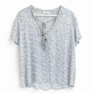 Mason & Belle Floral Tassel Tie Peasant Blouse Blue White Rayon Boho Top L